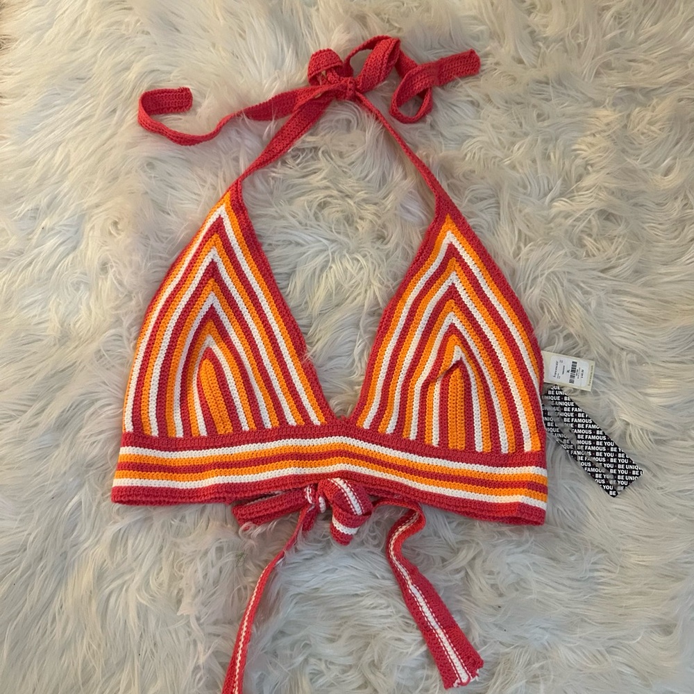 Francesca’s pink orange and white crochet halter top size: XL